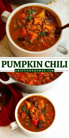 Looking for fall soup recipes? Here's a pumpkin idea featuring homemade chili! This fall comfort food for dinner is a nice change from the traditional. Made with ground beef and veggies in a blend of spices with a touch of cinnamon, this easy pumpkin chili is deliciously different and surprisingly tasty! Easy Antipasto Salad, Chili Seasonings, Classic Chili Recipe, Ground Beef Beans, Delicious Chili Recipe, Pumpkin Chili Recipe, Puree Recipes, Classic Chili