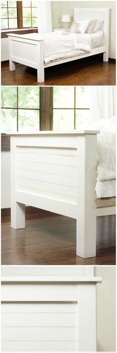 the bed frame is made from white wood