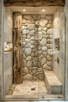 a walk in shower with stone walls and flooring