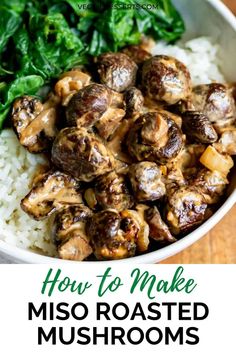 a white bowl filled with mushrooms and rice on top of a wooden table next to spinach