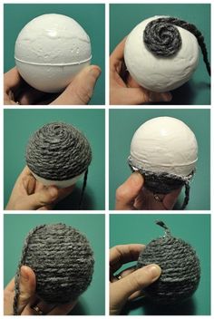 the process of making an ornament out of yarn is shown in four different pictures