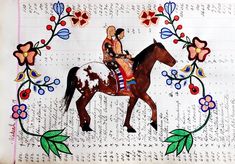 an image of two people on a horse with flowers and leaves around it, in the middle of a book page