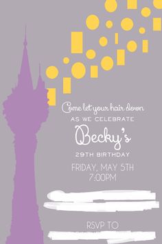 a purple and yellow birthday party card with the statue of liberty in the background,