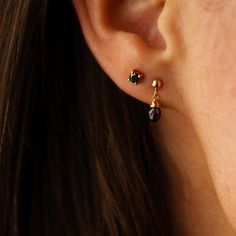 These dainty earrings are perfect everyday sparkle. Made with 14 Karat Gold Fill & Black Onyx Gemstones. Please note: This listing is for the Billie Earrings only. They have been shown paired with the Cascade Ear Cuff and Mini Studs for styling inspiration. Multiple Piercings Earrings, Double Earrings, Black Onyx Earrings, Mini Studs, Ear Stack, Dainty Studs, Onyx Earrings, Earrings In Gold, Demi Fine Jewelry