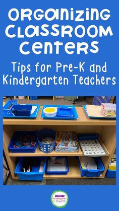 an organized classroom center with blue bins and trays