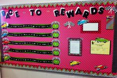 a pink bulletin board with words and pictures on it that says race to rewards