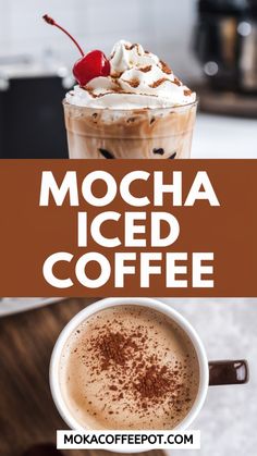 mocha iced coffee with whipped cream and chocolate sprinkles on the top