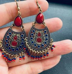 Red Bohemian Earrings With Beaded Tassels Antique Teardrop - Etsy Elegant Red Metal Danglers, Red Latkans Drop Earrings, Red Dangle Earrings With Latkans, Red Dangle Latkans Jewelry, Red Dangle Jewelry With Latkans, Handmade Red Danglers For Party, Red Latkans Earrings For Gift, Red Earrings With Latkans For Gift, Red Metal Dangle Earrings