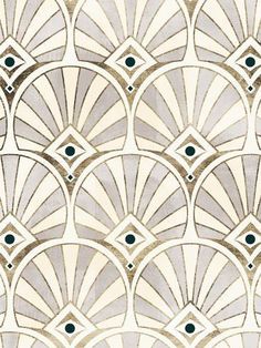 an art deco wallpaper pattern in grey and white with green dots on the center