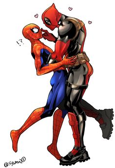 spiderman and black cat are hugging each other in the same pose, with one being hugged