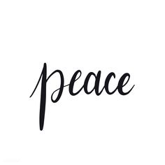 the word peace written in black ink on a white background