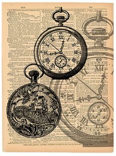 an old book page with two pocket watches on it