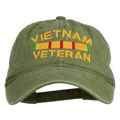 Vietnam Embroidered Brass CapMade of 100% cotton.One size fits most with an adjustable buckle strap closure, fitting up to 7 1/2.Same material inner hatband.Adult/Unisex.Crown measures 3 1/2 inches deep.Bill measures 3 1/4 inches long.Hand wash only.Brand of cap may vary with different manufacturer.Imported. Wording of Vietnam Veteran is embroidered on the front crown of cap.6 small ventilation holes placed on each panel of crown.Bill is stiff and precurved.Front crown is unconstructed.6 panels. Unisex Crown, Veterans Memorial, Vietnam Veterans, Sticker Patches, Patch Design, Brass Buckle, Hat Band, Custom Hats, Ball Cap