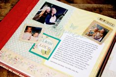 an open scrapbook with pictures and words on it, sitting on top of a wooden table