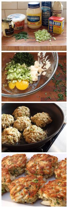 the process of making crab cakes is shown in three different pictures, including one with eggs and