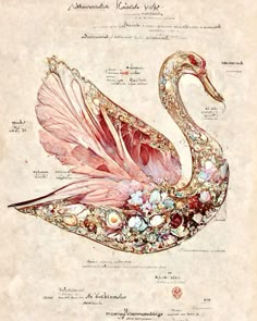 a drawing of a swan with jewels on it's body and wings in the shape of flowers