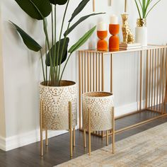 two vases with plants in them on a table next to a mirror and rug