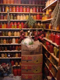 the shelves are filled with many different types of jars