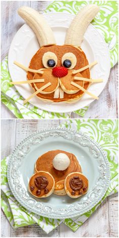 some pancakes with bunny ears on them are ready to be eaten and put into the shape of an animal's head