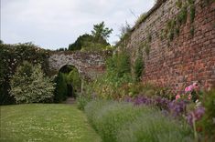 an old brick wall is surrounded by flowers and greenery in the foreground, with a stone archway leading to it