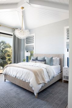 a bedroom with a large bed and white walls