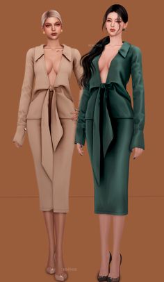 two women in green and brown outfits standing next to each other, both wearing heels