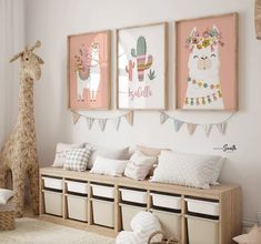 a child's room decorated in pink, white and beige with llamas on the wall