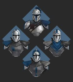 four different views of the armor worn in star wars, with blue and silver accents