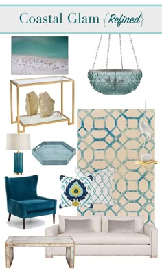 a living room filled with furniture and decor in blue, white and gold colors on the walls