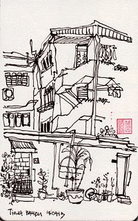 an ink drawing of a building with lots of windows and balconies on it