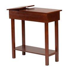 a small wooden table with one drawer and shelf on the top, against a white background