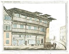 an old drawing of a building with people standing in front of it and a horse drawn carriage on the street