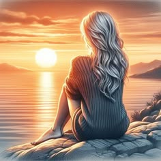 a painting of a woman sitting on the edge of a cliff looking at the sunset