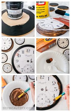 the process to make a clock out of paper plates and paint it with brownies