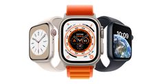 three apple watch models with different colors and designs on their wristbands, one showing the same time