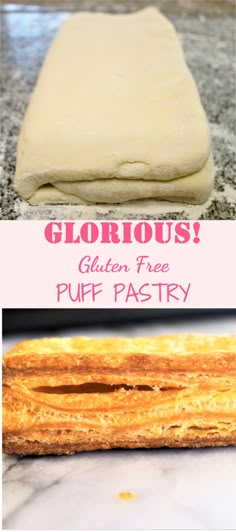 glorous golden free puff pastry on a marble counter top with text overlay that reads glorous golden free puff pastry