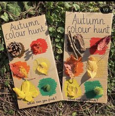 two autumn color hunt cards with leaves and acorns on the ground next to each other