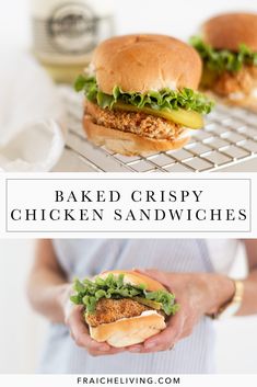 two pictures with the words baked crispy chicken sandwiches in front of them and an image of someone holding a sandwich