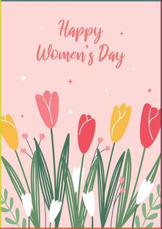 happy women's day card with tulips and stars in the sky on pink background