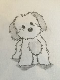 a drawing of a small dog sitting on top of a white paper sheet with black ink