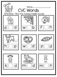 the cvc words worksheet is shown in black and white, with pictures of different