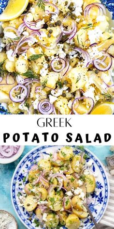 greek potato salad with feta cheese, onions and herbs in a blue and white bowl