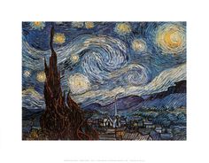 the starry night painting is displayed in a black frame