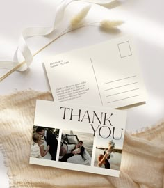 two wedding thank cards with the words thank you written on them next to a white ribbon