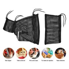 two black mesh bags with different pictures of cats and their owner's hands holding them