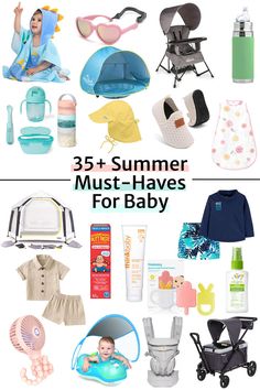 baby items that are on display with the words 35 + summer must - haves for baby