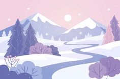 a snowy landscape with trees and mountains in the background at sunset or dawn, illustration