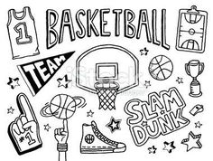 a black and white drawing of basketball related items