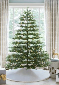 a small christmas tree in a living room next to a window with curtains and presents on the floor