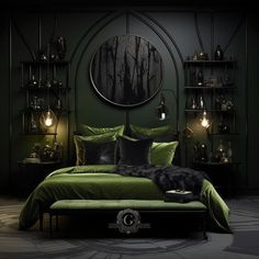 a bed with green sheets and pillows in a dark room